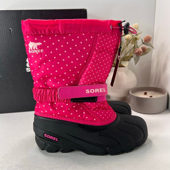 Sorel Flurry Print Adjustable Polka Dots Boots Fuchsia Fizz NC3503-650 Girl's 5 - Picture 1 of 10